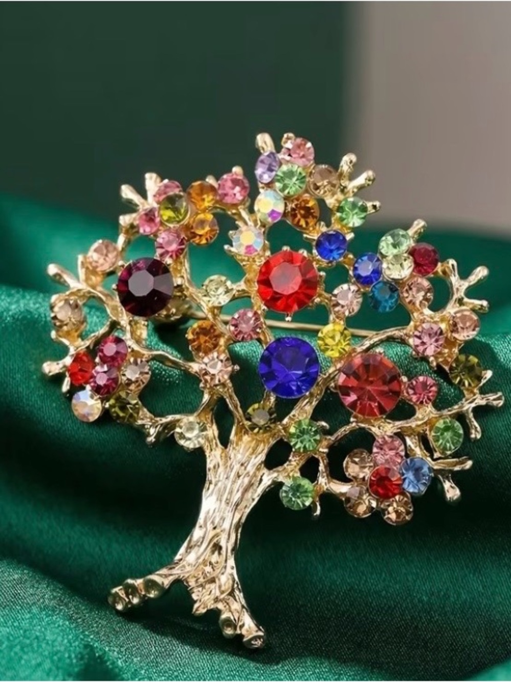 Gold-Tone Multicolor Crystal Tree of Life Brooch Vintage Style